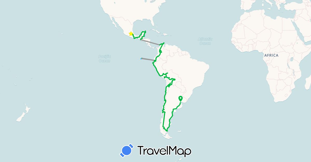 TravelMap itinerary: driving, bus, plane, boat in Argentina, Bolivia, Belize, Chile, Colombia, Ecuador, Guatemala, Mexico, Peru (North America, South America)